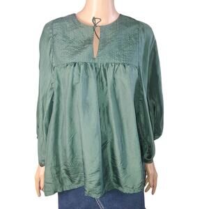 Anokhi 100% Silk Green Bishop Sleeve Tie Blouse  S Boho India Artsy Sustainable